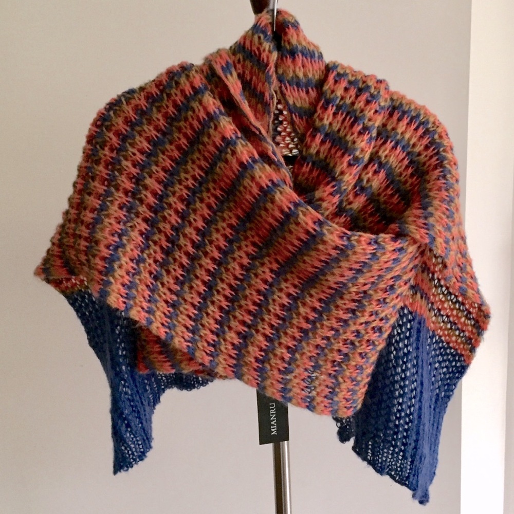 Mianru Waffle Ribbed Long Striped Blue/Salmon Orange Pink/Mustard Knit Scarf